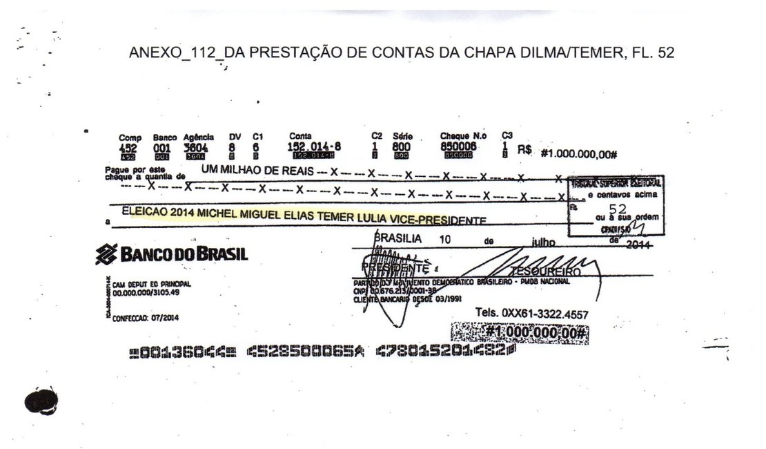 Cheque de R$ 1 mi de empreiteira para campanha em 2014 foi nominal a Temer