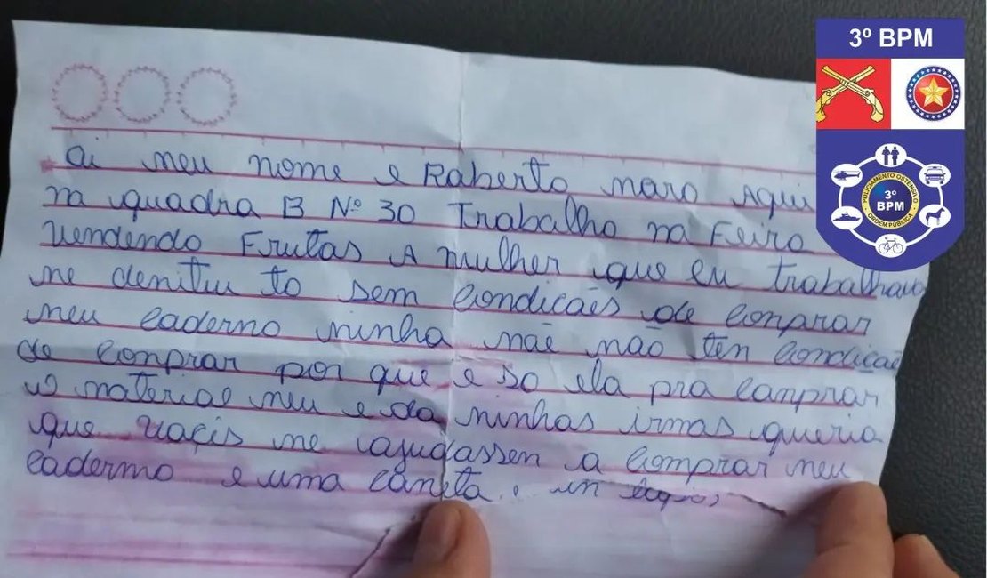 Menino deixa bilhete em viatura do Cisp de Craíbas pedindo ajuda para comprar material escolar