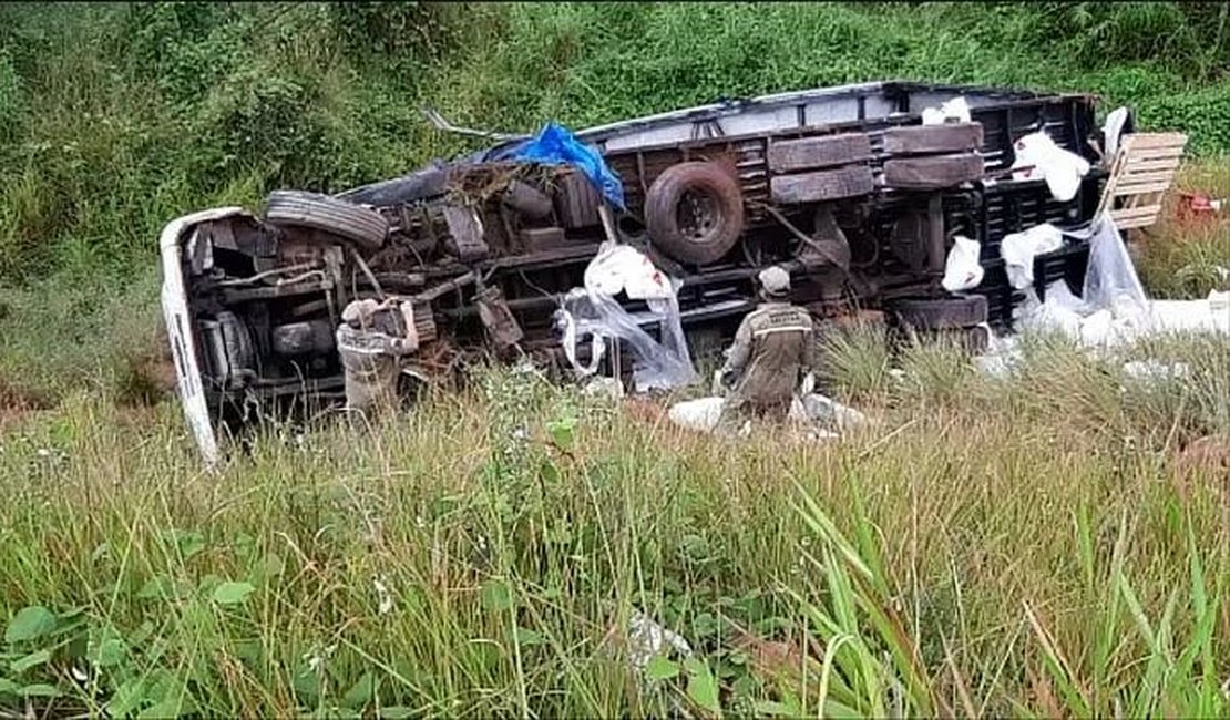 Motorista perde controle de caminhão cai de ribanceira e tomba na BR-101