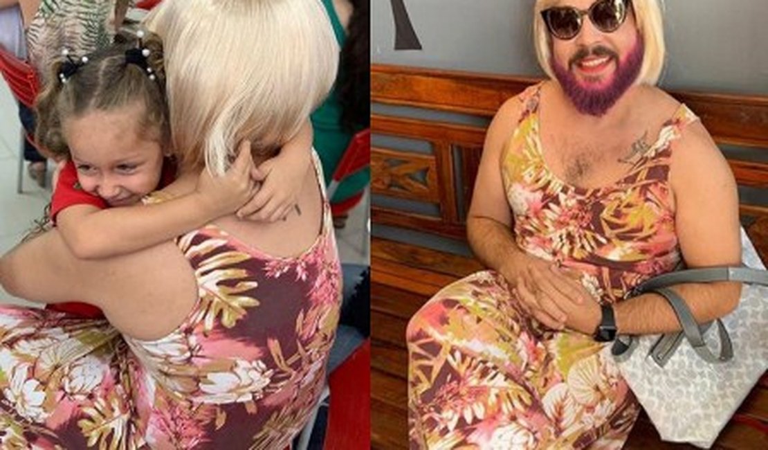 Pai viúvo se veste de 'mãe' para participar com filha de festa do Dia das Mães, em Goiânia