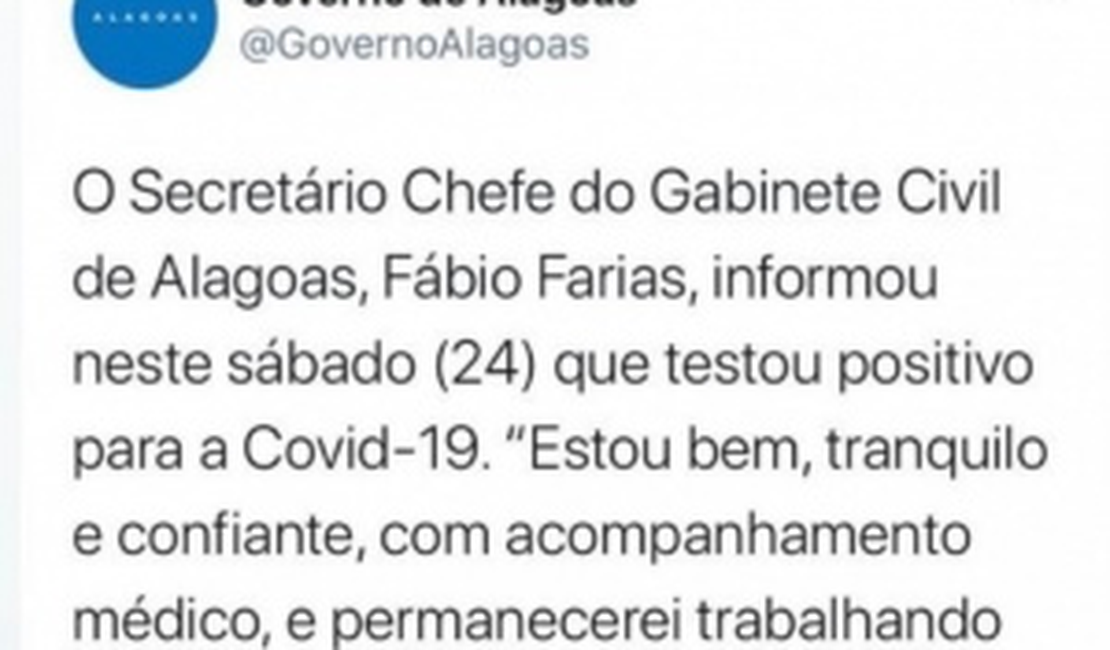 Secretário do Gabinete Civil do Governo de Alagoas testa positivo para Covid-19