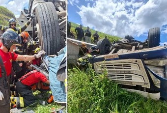 Caminhoneiro fica preso às ferragens após carreta tombar na BR-101, em Novo Lino