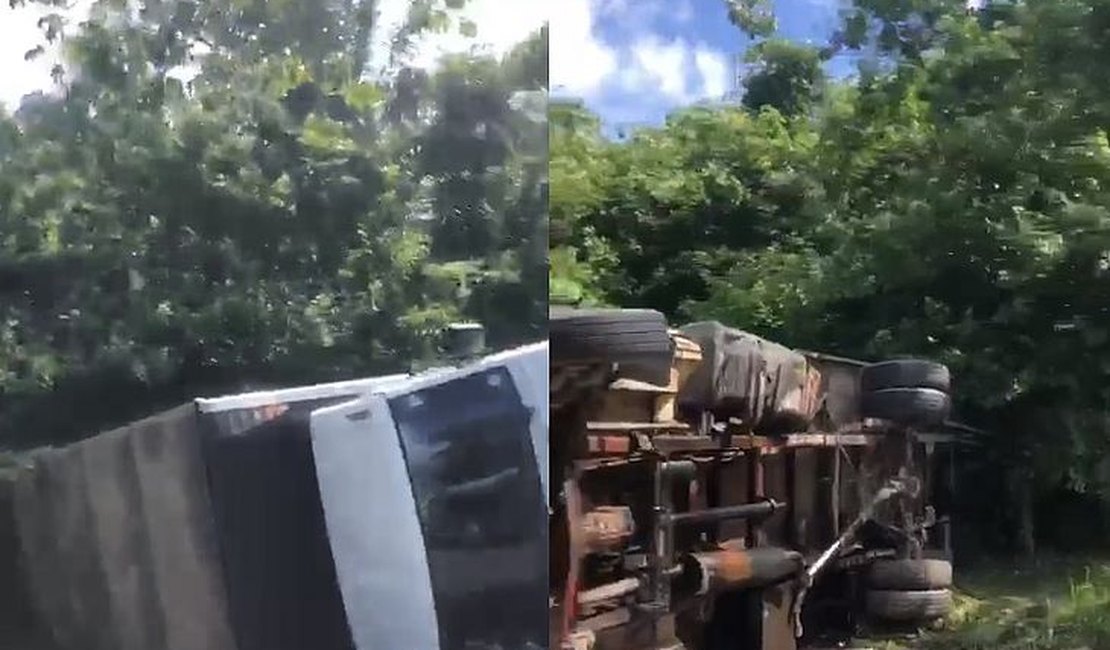 Caminhão baú tomba e deixa um ferido, na BR-316 em Satuba