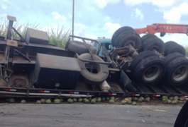 Carreta carregada de coco tomba na AL-220 e carga é saqueada