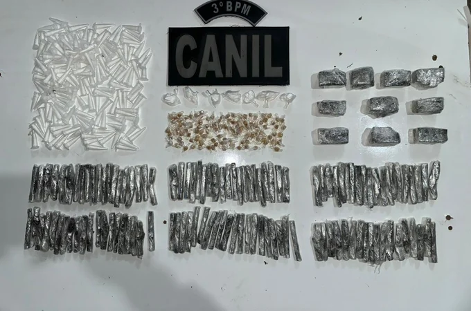 Cão farejador encontra drogas escondidas em buraco durante ação policial no Cangandu
