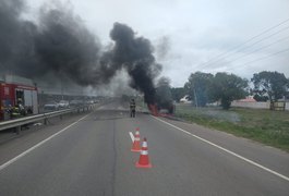 Carro fica completamente destruído após pegar fogo na AL 101 Sul