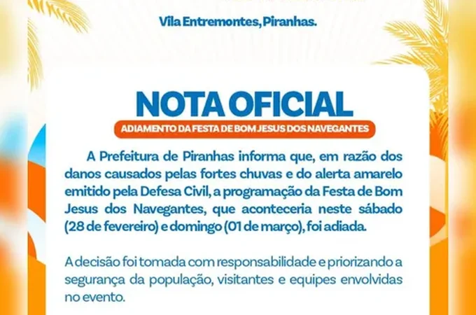 Prefeitura adia Festa de Bom Jesus dos Navegantes após fortes chuvas em Piranhas