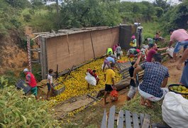 Vídeo. Condutor sai ileso após caminhão de laranja tombar na AL 115, em Igaci
