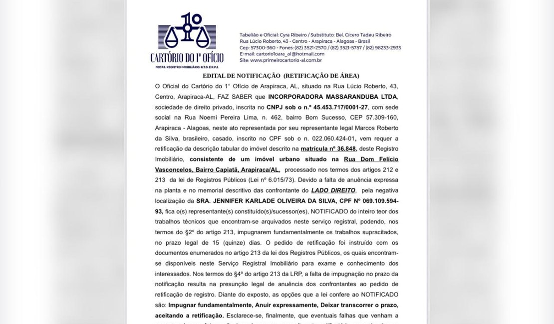 EDITAL DE NOTIFICAÇÃO (RETIFICAÇÃO DE ÁREA)