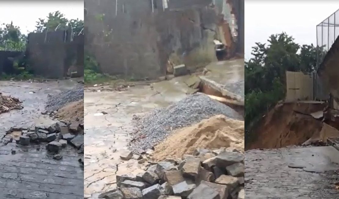 Vídeo: Rua e muro de residência são 'engolidos' por barreira, em Maceió