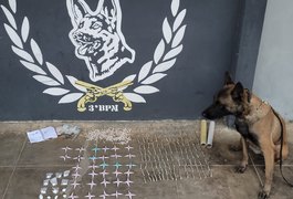 Com auxílio de cão farejador, PMs apreendem crack, cocaína e maconha no Cangandu