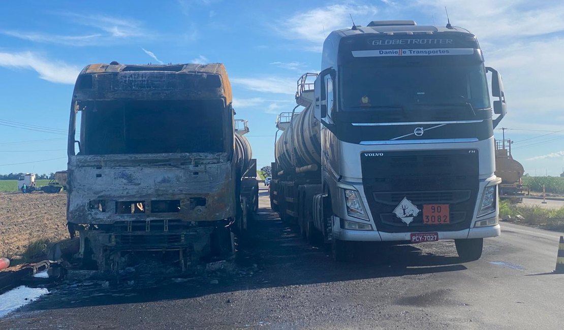 Caminhão-tanque é destruído por incêndio e motorista fica ferido em São Miguel dos Campos