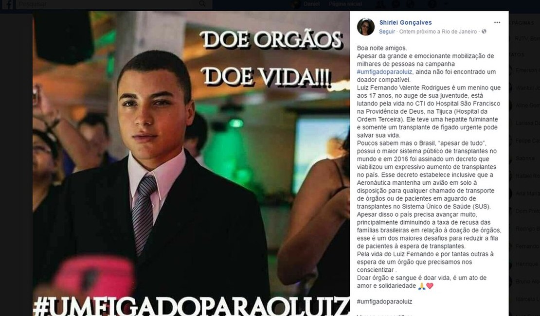 Jovem que protagonizou campanha por transplante de fígado tem morte cerebral às vésperas da cirurgia no Rio