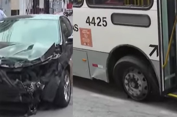 Acidente entre ônibus e carro é registrado na Ponta Verde e complica trânsito, em Maceió