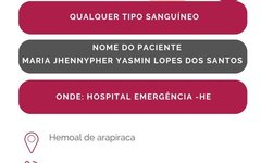 Maria Jhennypher está precisando de doação de sangue