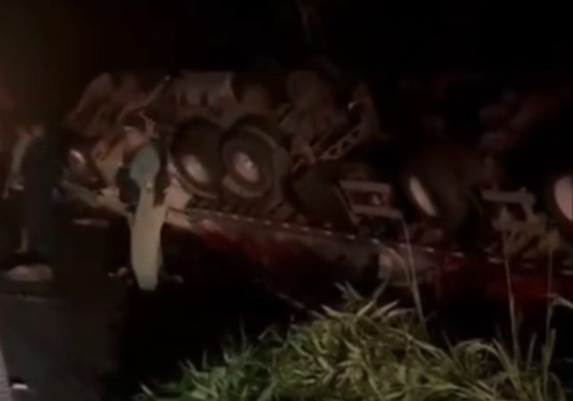 Imagens mostram saque de carga de carne após capotamento de carreta na BR-101, em Alagoas