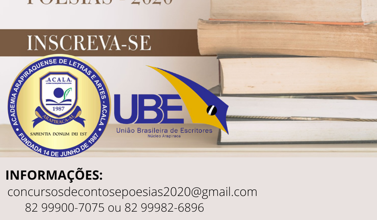 PRORROGRADAS AS INSCRIÇÕES DO CONCURSO DE CONTOS E POESIAS! PARTICIPE! O CONCURSO É ORGANIZADO PELA ACALA E A UBE ARAPIRACA E ABERTO PARA TODA SOCIEDADE!