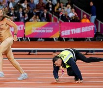 ‘Peladão’, homem invade Mundial de Atletismo e pede ‘paz e amor’. Confira as fotos!