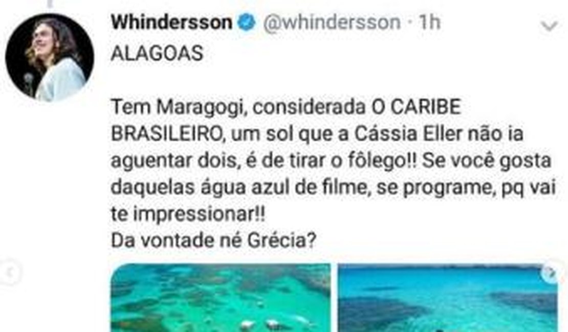 Whindersson Nunes diz que Maragogi é o Caribe Brasileiro, durante postagem sobre turismo
