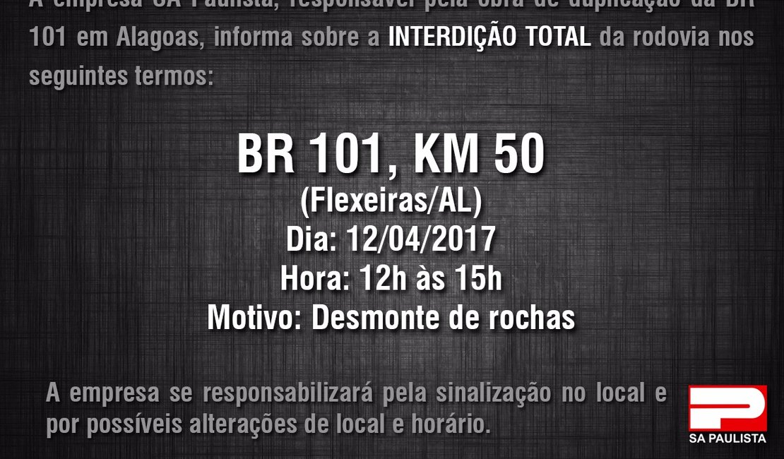 Rodovia em Flexeiras será interditada nesta quarta-feira