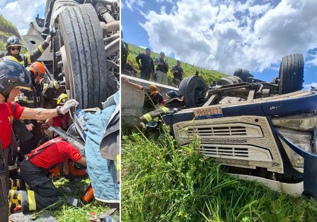 Caminhoneiro fica preso às ferragens após carreta tombar na BR-101, em Novo Lino
