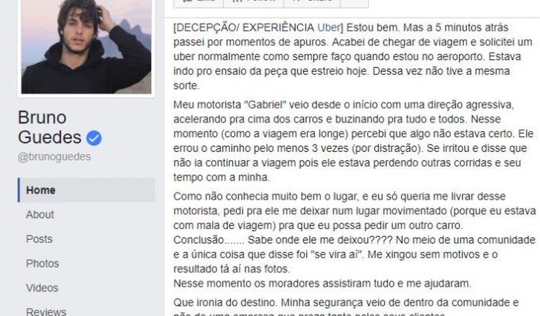 Ator é deixado em plena favela por motorista da Uber e desabafa na web