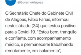 Secretário do Gabinete Civil do Governo de Alagoas testa positivo para Covid-19