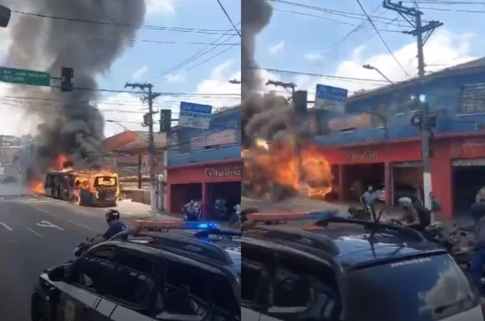 Ônibus pega fogo, bate em poste e atinge fiação elétrica em SP