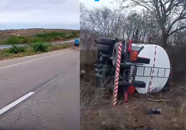 Caminhão com carga de combustível tomba na AL-220, em Jaramataia