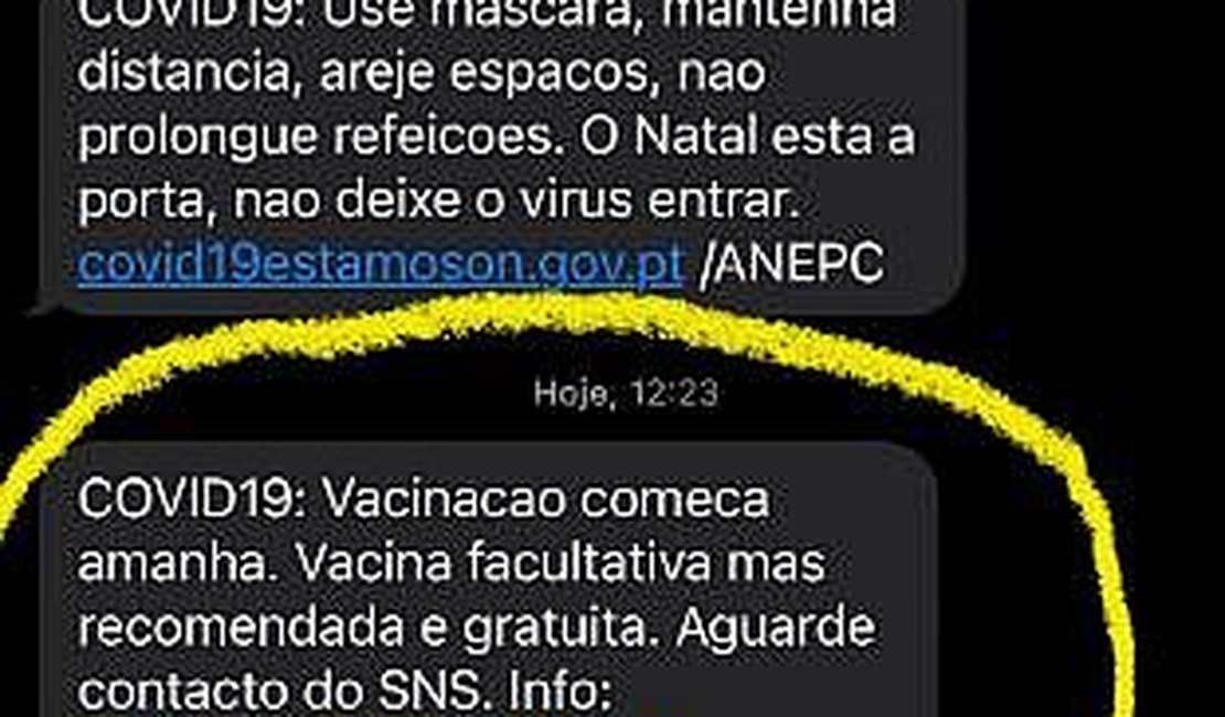 Portugal avisa população por SMS que vacinação começa no domingo