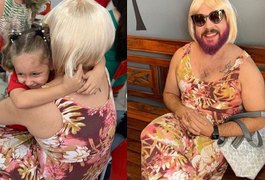 Pai viúvo se veste de 'mãe' para participar com filha de festa do Dia das Mães, em Goiânia