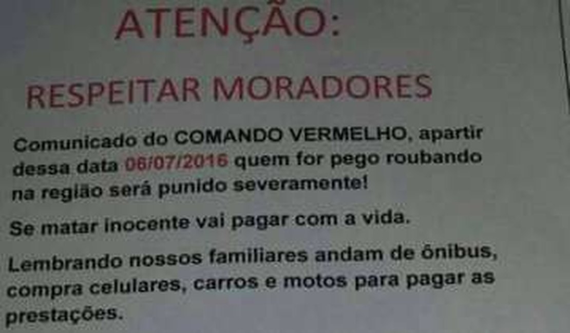 'Quem for pego roubando será punido severamente': o cartaz anticrime atribuído ao Comando Vermelho