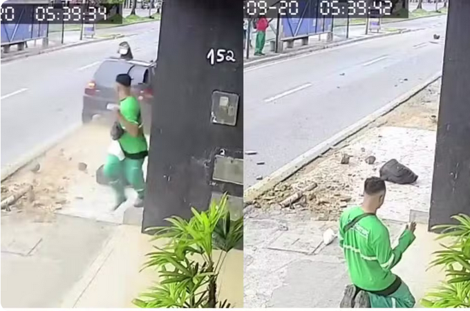 VÍDEO: Agente de limpeza escapa de atropelamento, se ajoelha e agradece a Deus em seguida, em Aracaju
