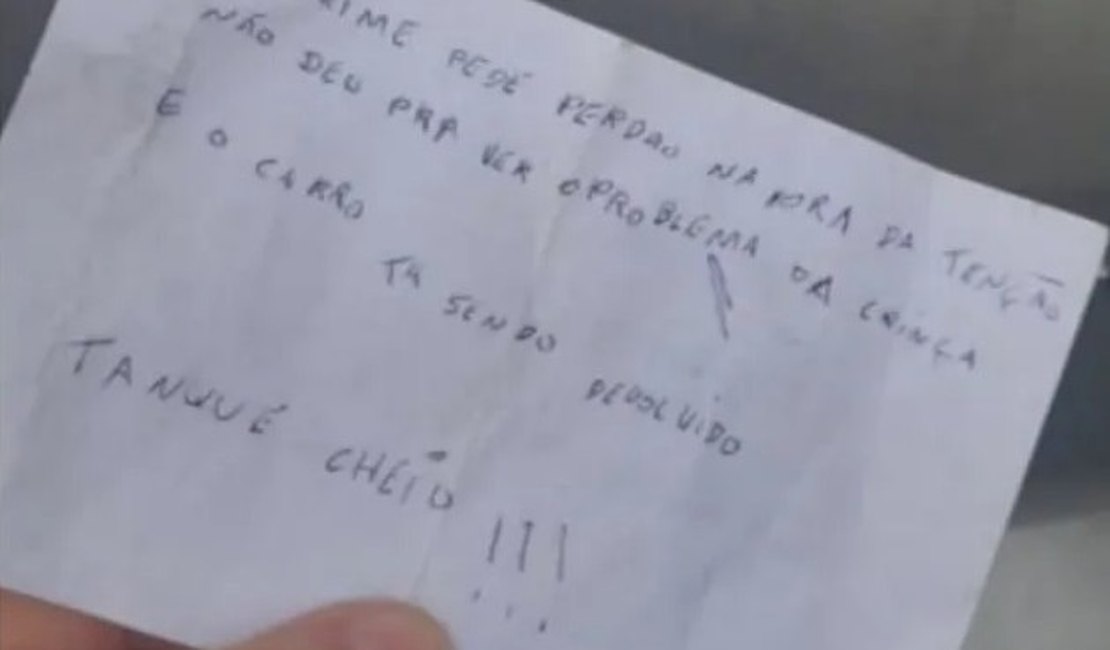 Após roubar carro, ladrão se arrepende e devolve veículo com bilhete de desculpas e tanque cheio: 'O crime pede perdão'