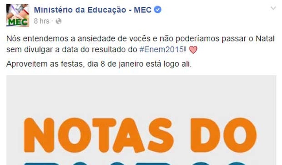 MEC anunciará nota do Enem 2015 no dia 08 de janeiro