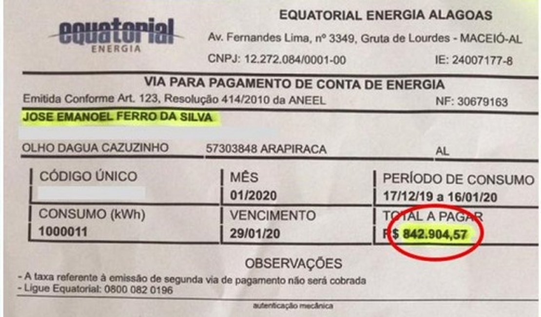 Arapiraquense leva susto ao receber conta de energia de mais de R$ 800 mil