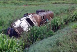 Carreta sem freios tomba em ribanceira da BR 101 e motorista sai ileso