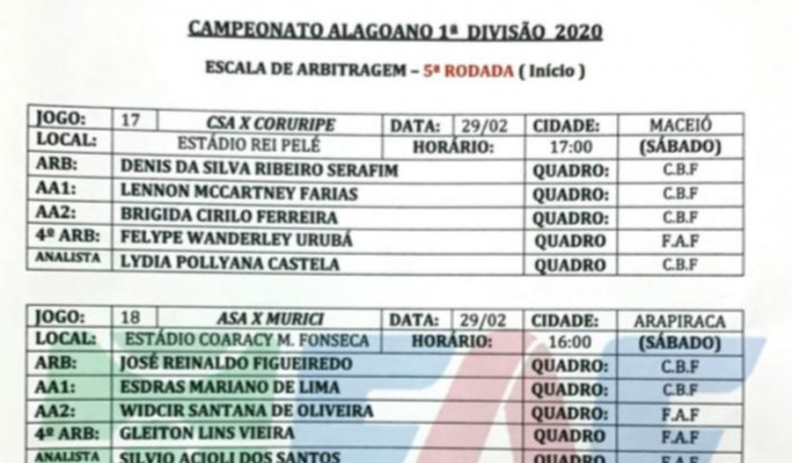 Confira a escala de arbitragem dos jogos que abrem a 5ª rodada do Alagoano