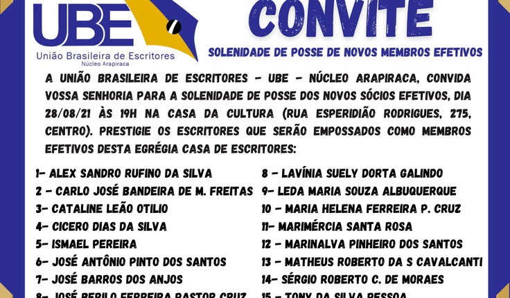 📚 UNIÃO BRASILEIRA DE ESCRITORES - UBE ARAPIRACA DARÁ POSSE A NOVOS MEMBROS EFETIVOS DIA 28 DE AGOSTO DE 2021