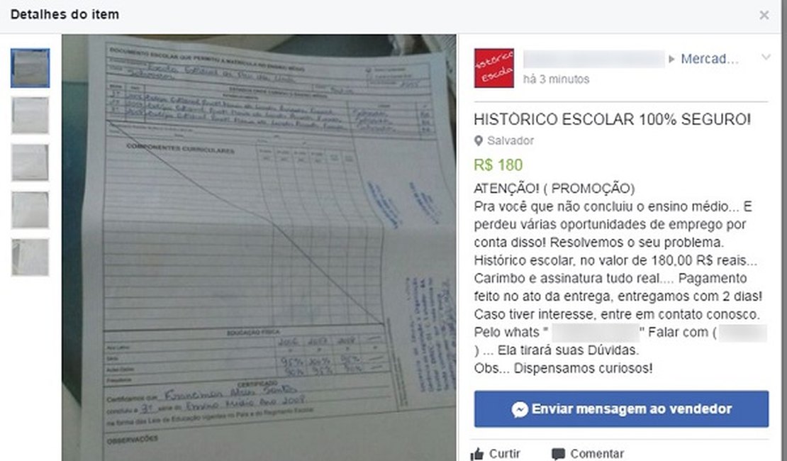 Históricos escolares são vendidos no Facebook e sites de compras por até R$ 200