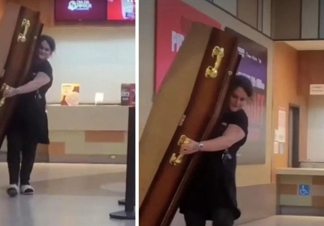 Mulher usa caixão para aproveitar oferta de pipoca em cinema; entenda