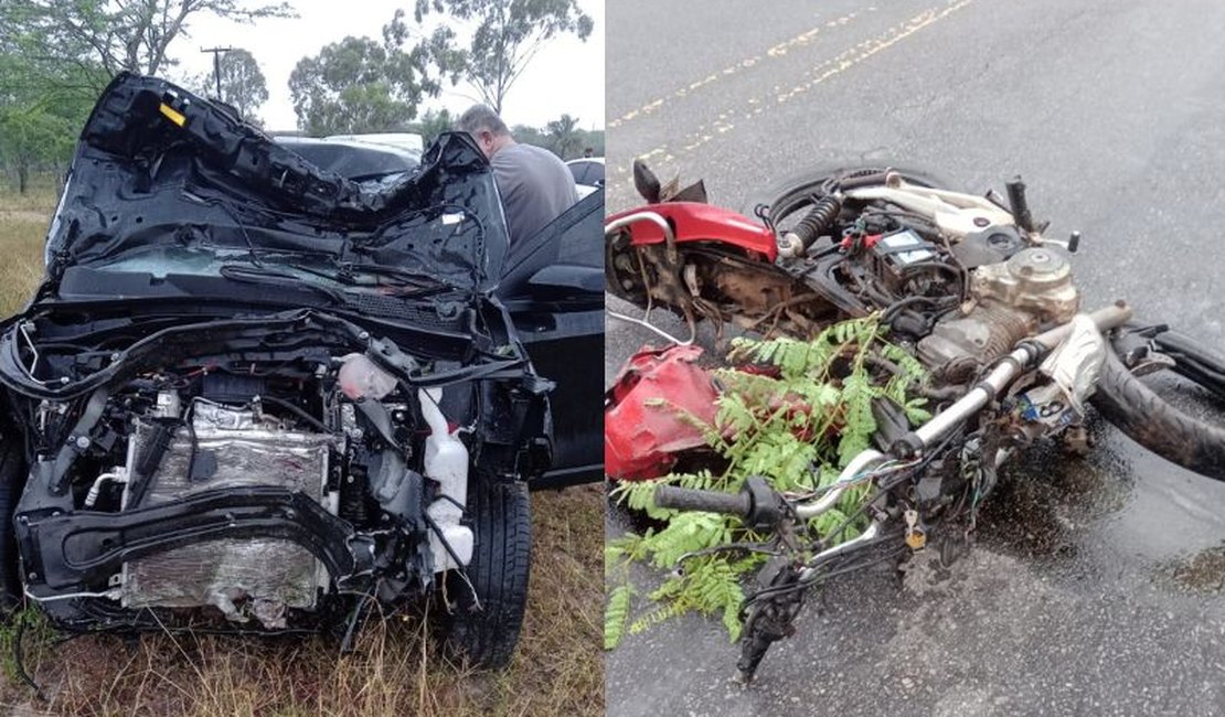Colisão entre carro e moto deixa duas vítimas fatais na AL 120, entre Cacimbinhas e Major Izidoro
