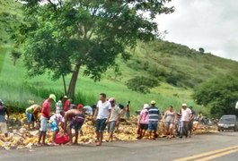 Populares saqueiam carga de cerveja em lata, logo após caminhão tombar na BR-101