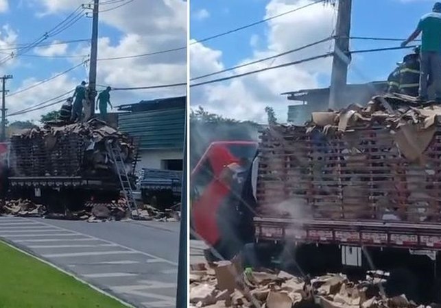 Caminhão carregado com papelão pega fogo em avenida de Maceió