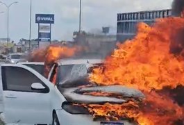 Carro pega fogo e assusta populares na AL-220, em Arapiraca
