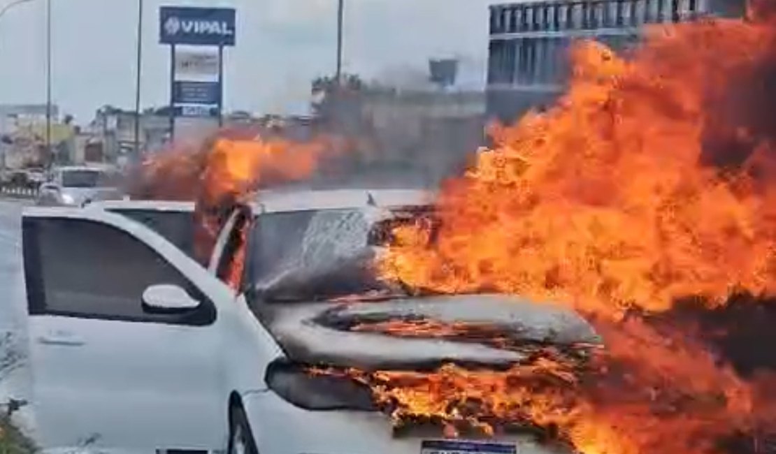 Carro pega fogo e assusta populares na AL-220, em Arapiraca
