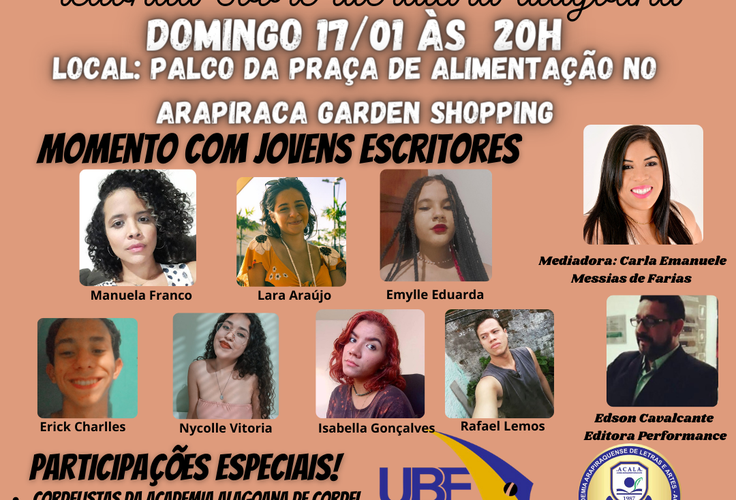 DIA 17/01 ÀS 19H NO ARAPIRACA GARDEN SHOPPING ACONTECERÁ MESA REDONDA DE JOVENS ESCRITORES SOBRE LITERATURA ALAGOANA