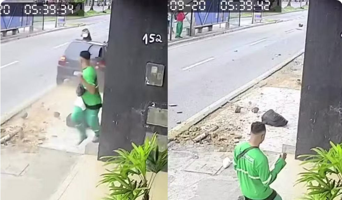VÍDEO: Agente de limpeza escapa de atropelamento, se ajoelha e agradece a Deus em seguida, em Aracaju