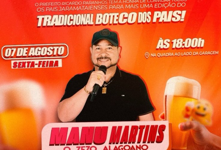 Prefeito Ricardo Paranhos anuncia tradicional Boteco dos Pais, com show do Zezo Alagoano, ﻿em Jaramataia
