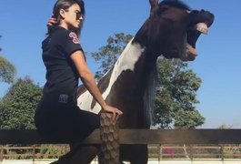 Paula Fernandes leva mordidinha de cavalo: 'Doeu'